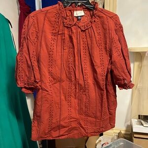 Women's Rust Eyelet Blouse with Ruffle Collar